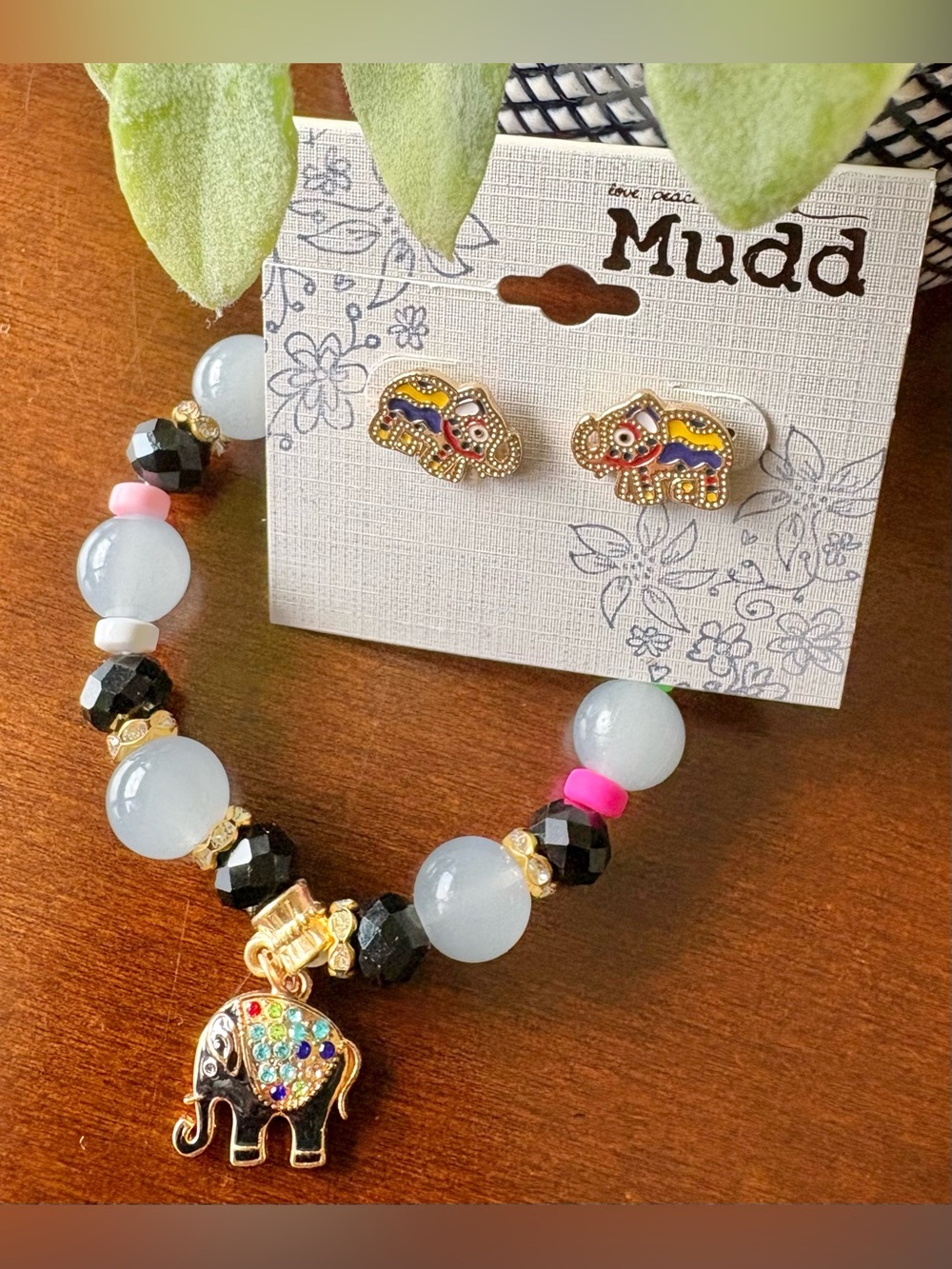 MUDD Colorful Gold Elephant Stud Earrings & Bracelet 🐘